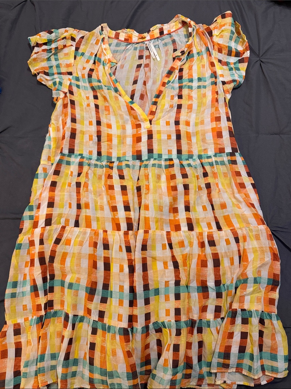 Anthropologie Multicolor Check Tiered Mini Dress in Yellow, Orange, Teal